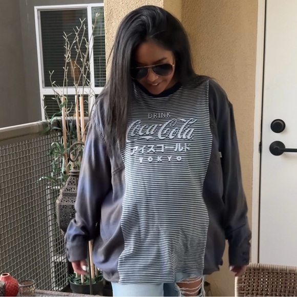 Reworked stripped Japanese Coca Cola long sleeve flannel tee - Picture 1 of 5